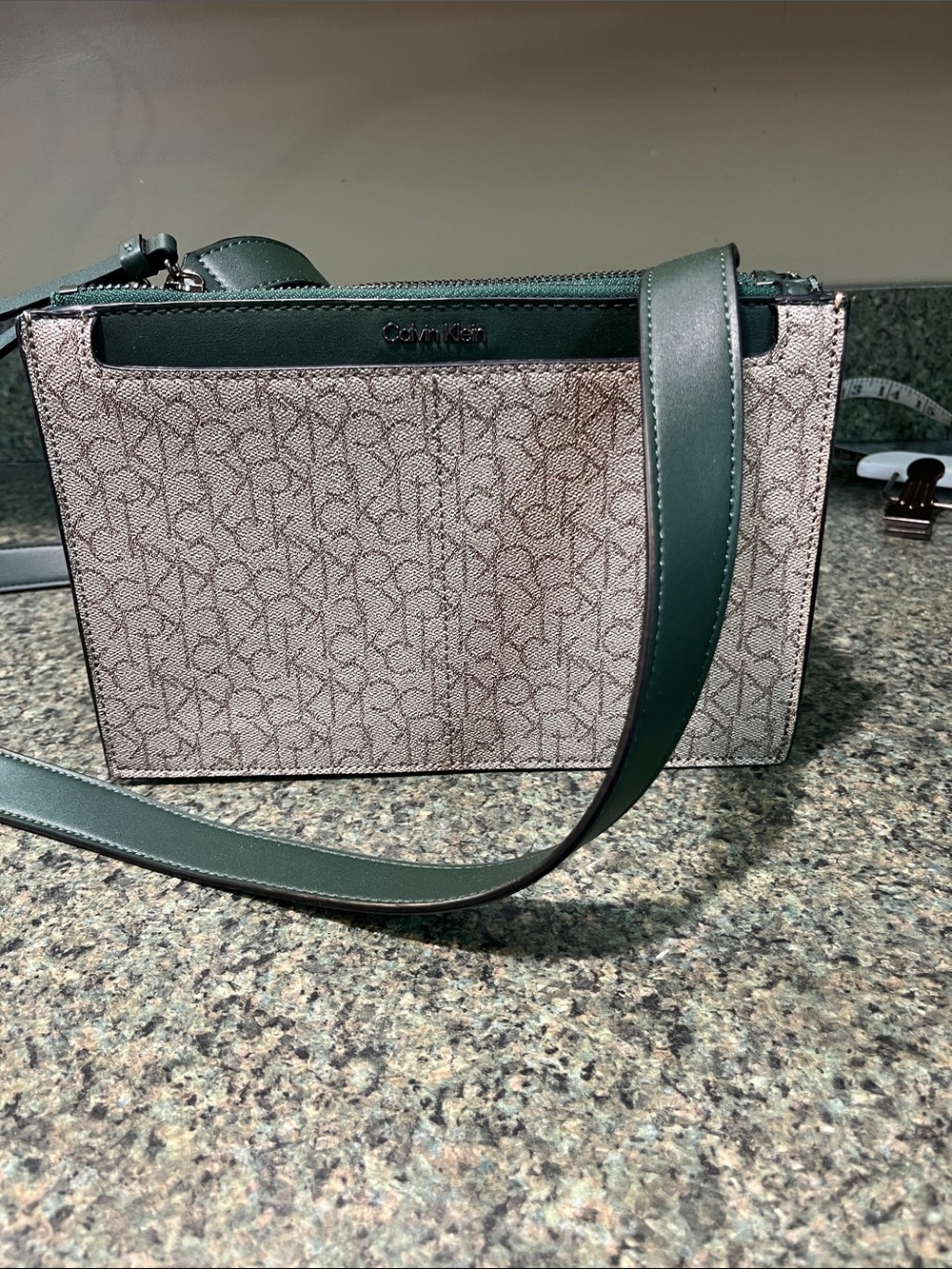 Calvin Klein Beige Monogram Crossbody with Dark Green Trim
